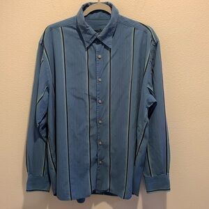Tommy Bahama Mens Button Down. Light Blue with teal&brown detail stripes. XL.  